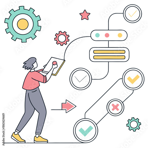 A woman using a clipboard to navigate a flowchart with checkmarks and gears