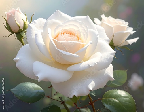 Close-up of pristine white rose blossoms with delicate blush centers