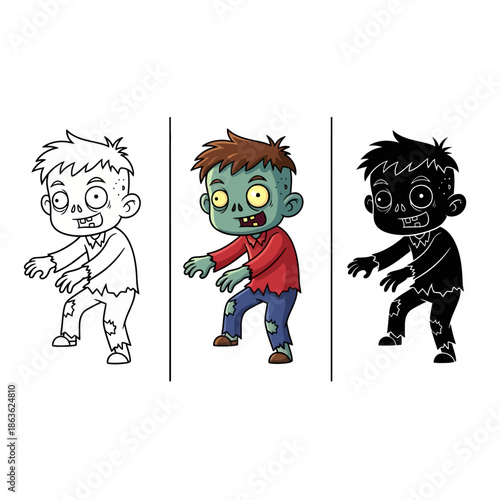 Cartoon zombie character illustrations in varying styles sketch color and silhouette