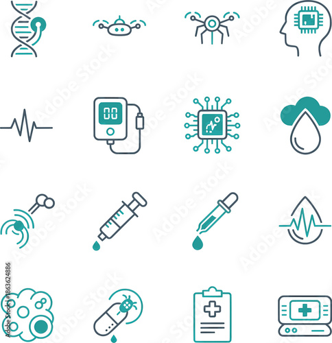 Professional vector icon set featuring 16 minimalist biotechnology and medical tech symbols. Consistent line weight, modern duotone style, and geometric precision. Ideal for health-tech UI/UX design.