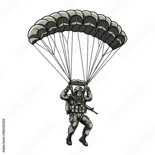 A sketch of a paratrooper descending with a deployed parachute overhead