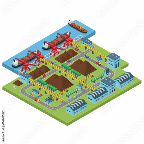 Isometric Industrial Port with Cargo Ships and Factory Buildings.