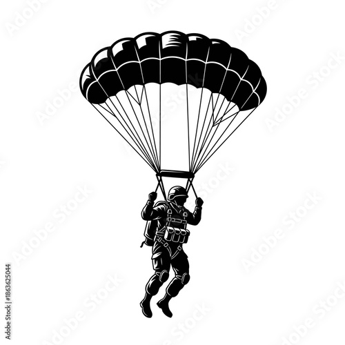 A vintage style illustration of a parachutist descending from the sky