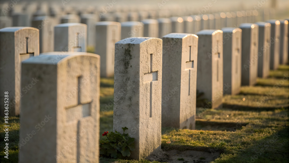 Naklejka premium Serene military cemetery with white stone crosses