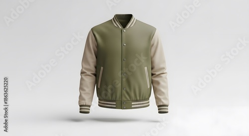 A stylish green and beige varsity jacket on a clean white background