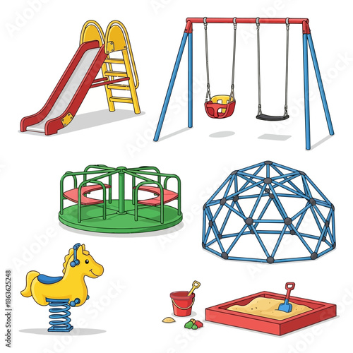 Colorful playground equipment including slides swings climbers and a rocking horse