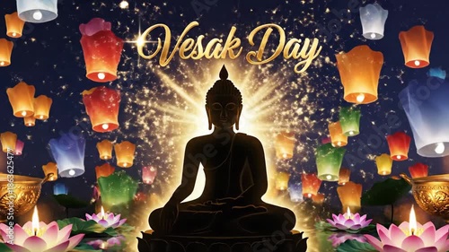 A serene image showcasing a dark silhouette of Buddha, lanterns, lotus flowers, candles, and Vesak Day text