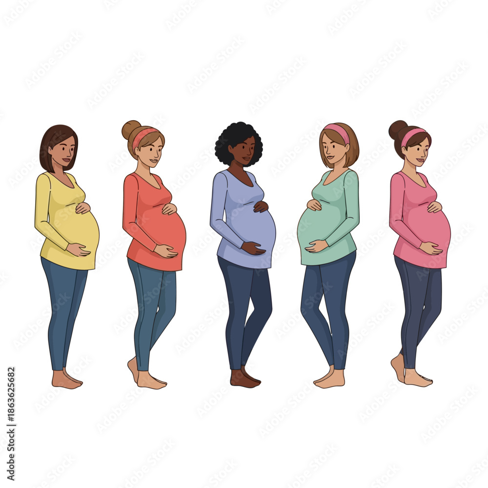 Obraz premium Diverse group of pregnant women standing in a row showcasing inclusivity