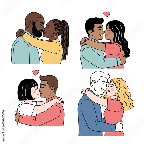 Diverse couples embracing and kissing illustrating love and affection in various forms