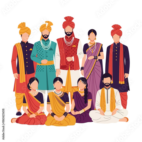 Illustrative depiction of people in traditional indian clothing and headwear