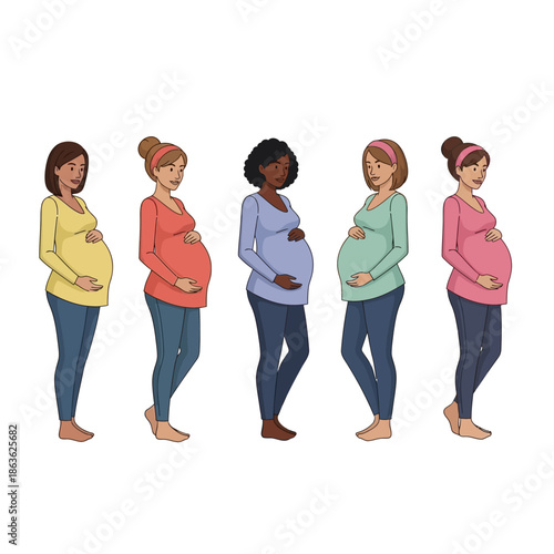 Diverse group of pregnant women standing in a row showcasing inclusivity