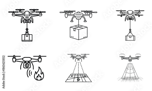A diverse drone technology icons set showcasing delivery, surveillance, and mapping functionalities