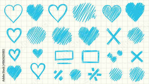 Collection of vibrant cyan blue hand drawn sketch icons featuring numerous heart shapes, circles, crosses, rectangles, and various scribbled artistic elements for digital design.