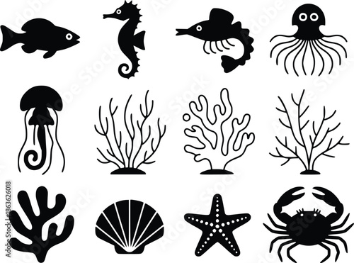 Underwater marine life silhouettes