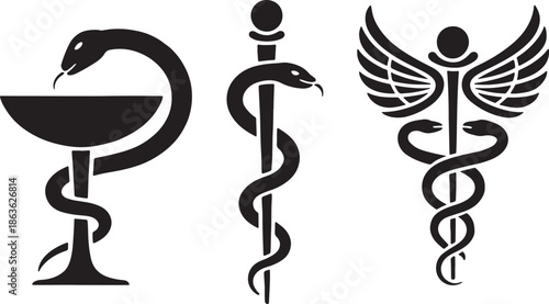 Medical Icon Set with Snake and Staff Vector Illustration - Classic Medicine and Healthcare Symbols Isolated on White