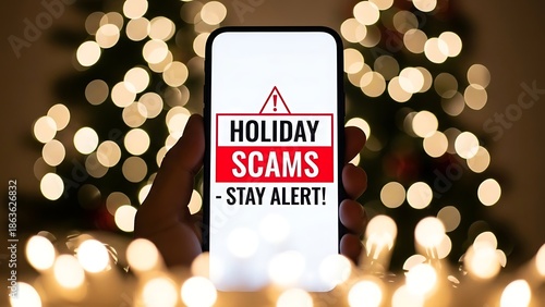 Smartphone displays holiday scam warning message against blurry festive background