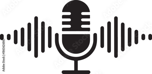Podcast Mic Symbol Isolated on White - Sound Wave Microphone Icon for Podcast and Radio