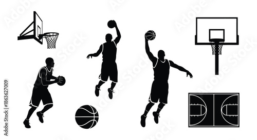 Black silhouette illustrations of basketball players hoops and balls in action