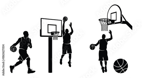 Black silhouette illustrations of basketball players hoops and balls in action