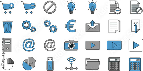Digital interface icon set, black vector symbols for email, shopping, media, documents, charts, network, and device functions