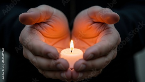 Gentle Hands Cupping and Protecting a Lit Votive Candle, Symbol of Care, Healing, and Hope for World Candle Day