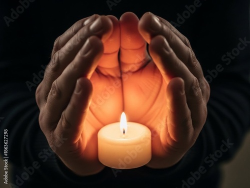 Gentle Hands Cupping and Protecting a Lit Votive Candle, Symbol of Care, Healing, and Hope for World Candle Day