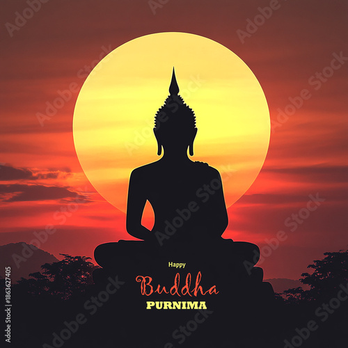 Buddha silhouette meditating at serene sunset with vibrant orange hues and peaceful atmosphere