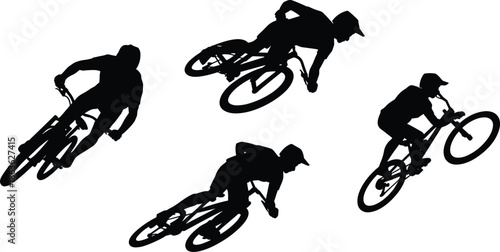 Cyclist Silhouettes Performing Stunts, Mountain Biking and BMX Action Poses, Sport Motion Concept, Vector Illustration, Outdoor Fitness Theme, Athletic Rider Design