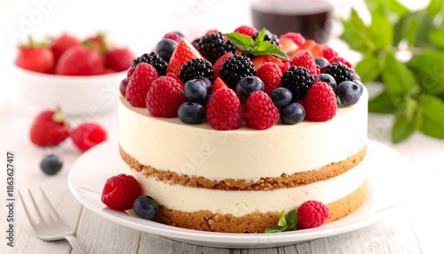 Delicious Berry Cheesecake Dessert with Fresh Fruits.
