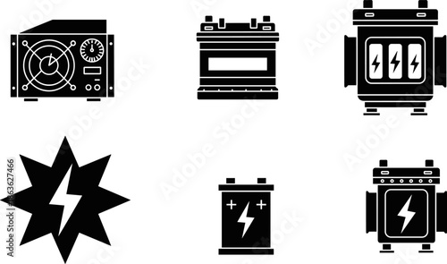 Electric component icon set, power supply, battery, motor, lightning bolt, energy burst, black vector, electrical engineering, energy system symbols