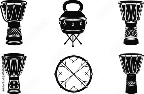 Drum icon set, goblet and frame drums, kettle drum, rope tension, black vector, percussion instrument silhouettes, cultural music design