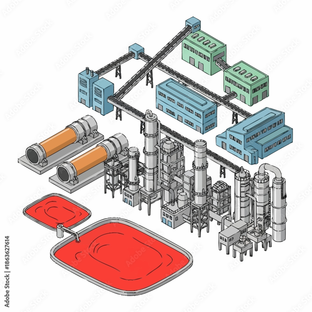 Obraz premium Isometric view of a complex industrial facility with multiple buildings and processing units.