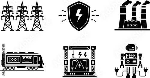 Electricity and technology icon set, power transmission tower, shield with lightning, electric train, transformer, robot, black vector, energy infrastructure