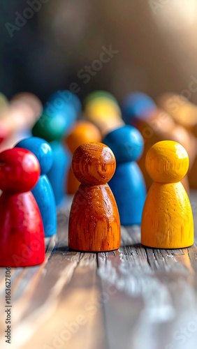 Close-up view of a diverse group of colorful wooden game pieces