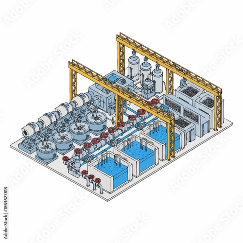 Isometric view of a complex industrial factory production line.