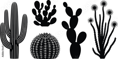 Cactus silhouette vector set, black cactus clipart, desert plant design, prickly pear and barrel cactus artwork, botanical illustration, minimal shape, logo use