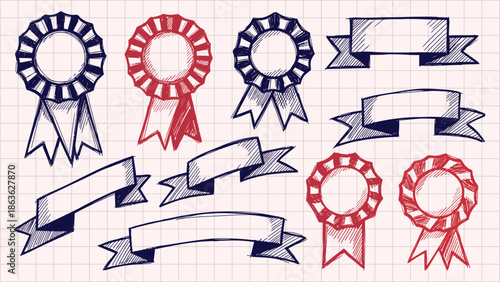 Collection of hand drawn award ribbons and banner shapes featuring patriotic blue and red vintage sketch style elements suitable for graphic design projects.