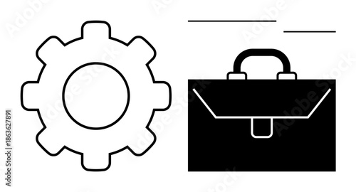 Business operations, corporate management, teamwork, productivity tools, career growth, strategy development. A gear symbol next to a briefcase. Business operations and corporate management