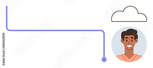 Cloud computing, networking, communication, data flow, technology connection, digital identity. Visible cloud icon, connected line and male face. Cloud computing and networking