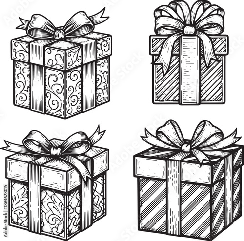 Four elegantly wrapped gift boxes with intricate designs and ribbons