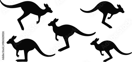 Kangaroo silhouette vector set, black kangaroo clipart, jumping animal design, Australian wildlife shape, minimal kangaroo artwork, logo use, motion pose