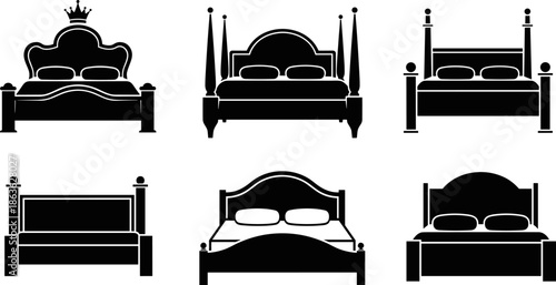 Bed silhouette set, crown headboard styles, post design variations, black vector furniture, regal and minimalist beds, interior icons, bedroom decor