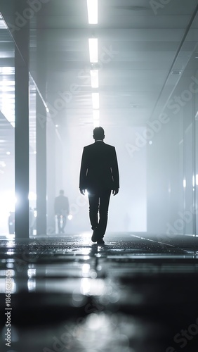 Silhouette of a Business Person Walking Forward with Soft Backlight in Abstract Space