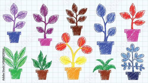 Collection of colorful potted plants with diverse leaf shapes and vibrant hues showcasing variety in botanical illustration artistry and creative gardening concepts for decorative purposes.