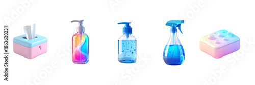 3D cartoon pastel cleaning icon set with five icons: tissue box, liquid soap dispenser, hand sanitizer bottle, spray cleaner, and cleaning sponge, isolated on white background.