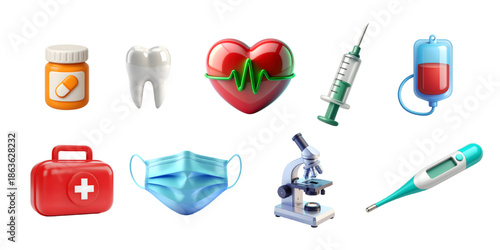 3D cartoon pastel medical icon set including medicine bottle, tooth, heart with ECG line, syringe, blood bag, first aid kit, face mask, microscope, and digital thermometer, isolated white background