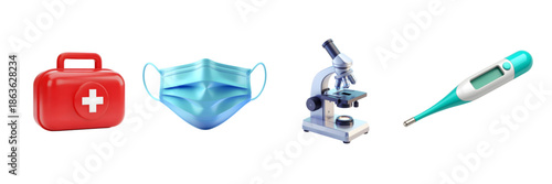 3D cartoon pastel medical icon set with four icons: first aid kit, surgical face mask, laboratory microscope, and digital thermometer, isolated on white background.