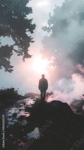 Silhouette of a Human from Behind with Soft Pastel Glow in Foggy Scene