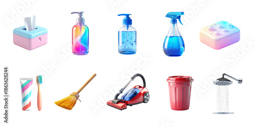 3D cartoon pastel cleaning and hygiene icon set including tissue box, soap dispenser, sanitizer bottle, spray cleaner, sponge, toothpaste, broom, vacuum cleaner, trash bin, and shower, isolated on whi