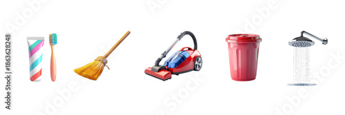 3D cartoon pastel cleaning icon set with five icons: toothpaste with toothbrush, broom, vacuum cleaner, trash bin, and shower head, isolated on white background, household hygiene concept.
